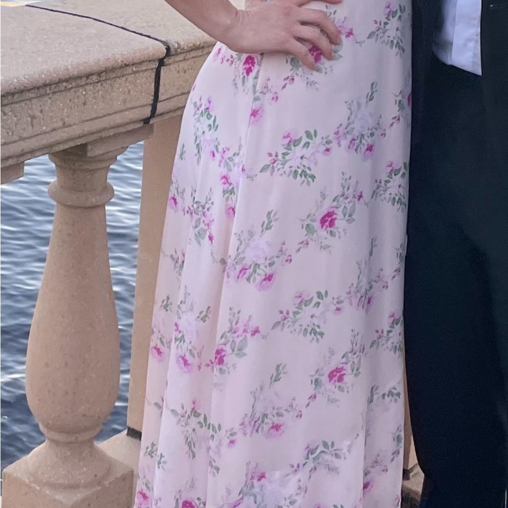 Azazie Floral Maxi Dress - Pink and White spaghetti straps with cross in back